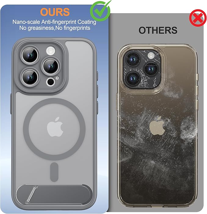 Magnetic Compatible with iPhone 15 Pro Case, [Built-in Kickstand][Full Camera Protection][Compatible with MagSafe][Anti-Fingerprint] Shockproof Phone Case for iPhone 15 Pro 6.1",Grey