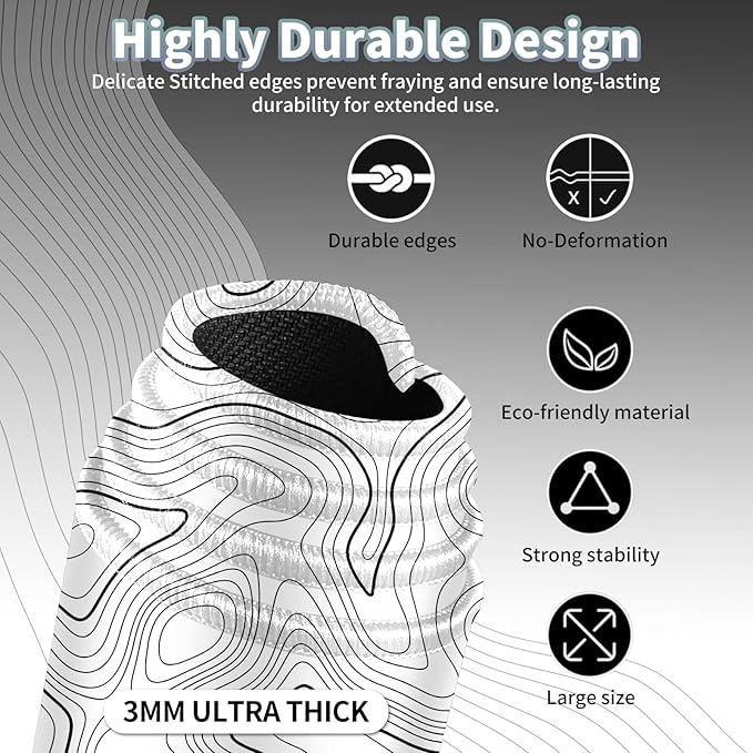Topographic Map Large Mouse Pad, Black and White Desk Pad for Keyboard and Mouse, 35.5" X 15.75" Computer Gaming Mouse Mat 3mm Thick XXL Rubber Mousepad for Laptop Gamer, White Lines Contour