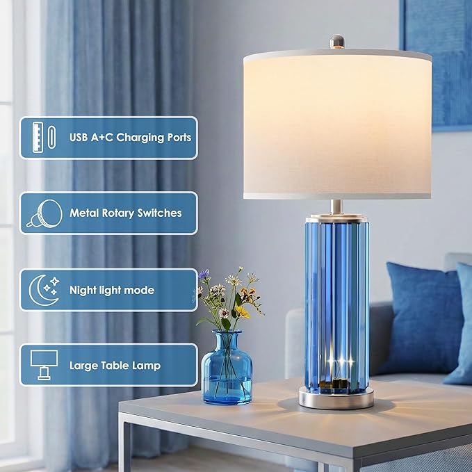 QiMH Table Lamps for Bedroom Set of 2 with Nightlight, Modern Bedside Lamp with USB A+C Charging Port, Blue Nightstand Lamp for Living Room White Shade Home Decor, 2 Bulbs Included