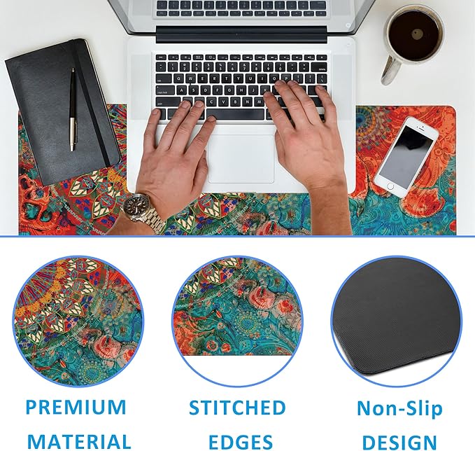 Vintage Art Mandala Large Gaming Mouse Pad,Waterproof Desk Mat for Desktop,Non-Slip Rubber Base Mousepad with Stitched Edges for Laptop Office and Home 35.4X15.7 Inch