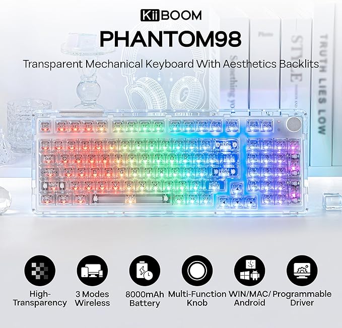 KiiBoom Phantom 98 Crystal Mechanical Gaming Keyboard, Transparent Keyboard with RGB Backlits, Hot-Swappable, Shine Through Clear Keycaps, 3 Modes Wireless, 8000mAh Battery, NKRO for Win/Mac (Clear)