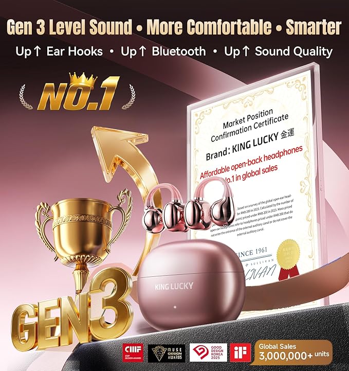 King Lucky Clip-On Earbuds Gen 3, Open-Ear Wireless Bluetooth 6.0 Headphones with Mic, Secure Fit for Small Ears & Glasses Wearers, 50H Playtime, ENC, IPX5 Waterproof Sport Ear Buds (Pink)