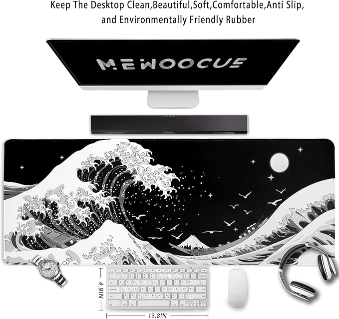MEWOOCUE® Gaming Mouse Pad for Desk,Large Sea Wave Mousepad Laptop,Black White Japanese Anime Mouse Mat,Long XXL Waterproof Keyboard Pads,Big Non-Slip Mouse Pads for Game Office Home（35.4 x 15.7 in）
