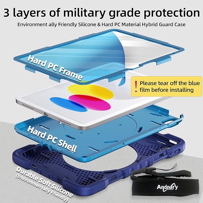 Andnary Case for iPad (A16) 11th Generation 11 inch 2025/10th Generation 10.9 inch 2022, Shockproof Cover with Screen Protector/360° Rotate Handle/Bracket/Pen Holder/Shoulder Strap (Navy+Blue)