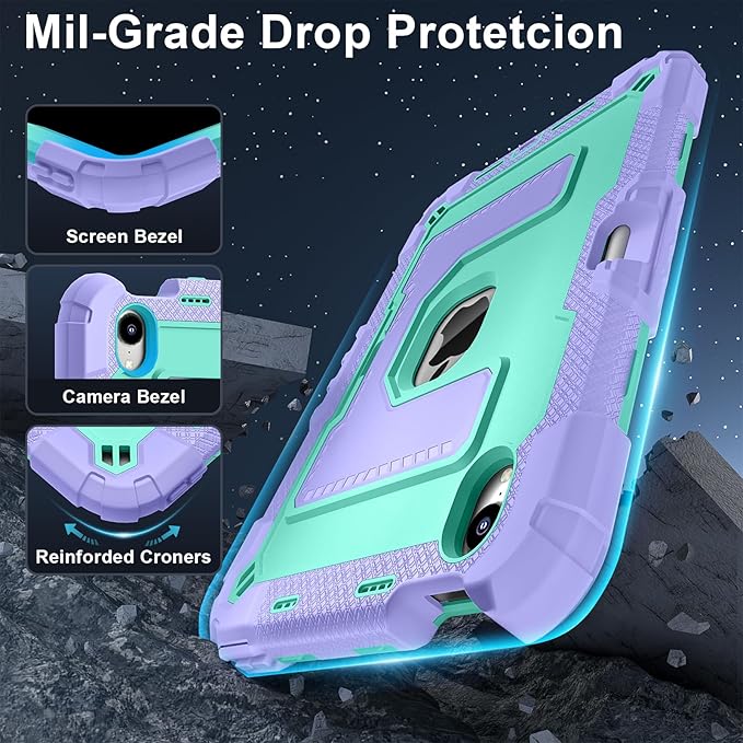 Kids Friendly Case for Apple iPad mini 7 A17 Pro 2024/iPad Mini 6 2021 8.3 Inch 7th/6th Gen Case with Pencil Holder & Shoulder Strap, Shockproof Kickstand Hard Shell Protective Cover,Purple+Mint