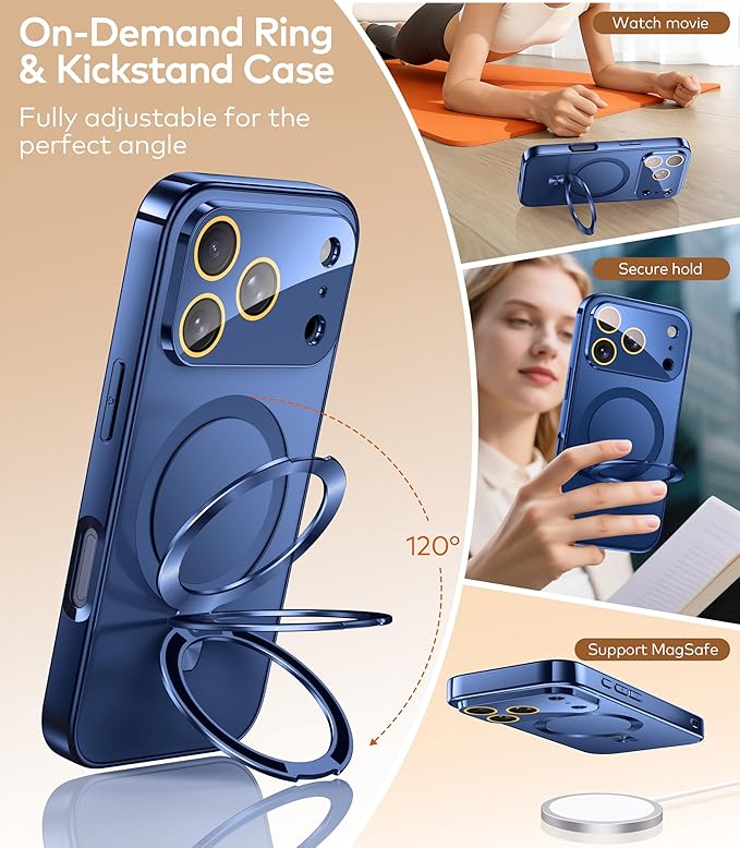TOBOVON Magnetic for iPhone 17 Pro Max Case with Ring Stand, Fits MagSafe, with Built-in Camera Lens Protector, Slim Electroplated Shockproof Phone Cover, Blue