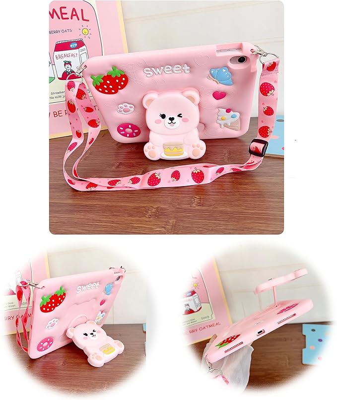 iPad 10th/11th Generation A16 Case Kids - 11 inch Soft Silicone Shockproof Cover with Pencil Holder,Adjustable Shoulder Strap & Stand for School,Cute Bear Strawberry Gift for Teen Girls