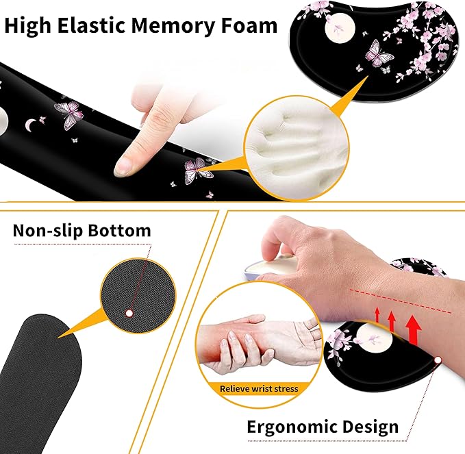 Large Gaming Mouse Pad Set 35.4 x 15.7 with Keyboard Wrist Rest, Wrist Support, and Coaster Memory Foam Smooth Desk Pad Mousepad for Home Office School - Cherry Blossom Moon