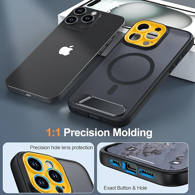 Magnetic Compatible with iPhone 15 Pro Max Case, [Built-in Kickstand][Full Camera Protection][Compatible with MagSafe][Anti-Fingerprint] Shockproof Phone Case for iPhone 15 Pro Max 6.7",Black & Yellow