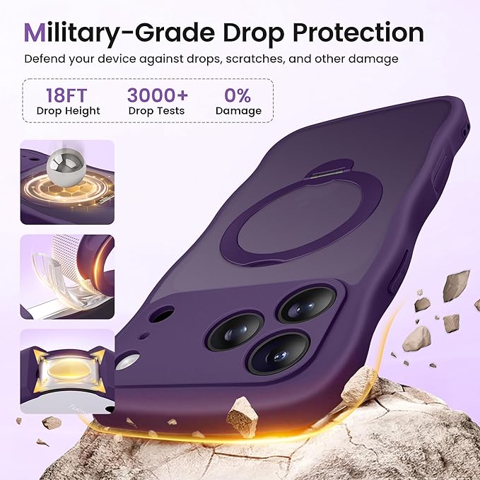 CAPRARO for iPhone 17 Pro Max Case with 360° Spin Magnetic Stand for Women, [Compatible with MagSafe] [Full Camera Protection] Cute Wave Translucent Matte Case for iPhone 17 Pro Max, Deep Purple