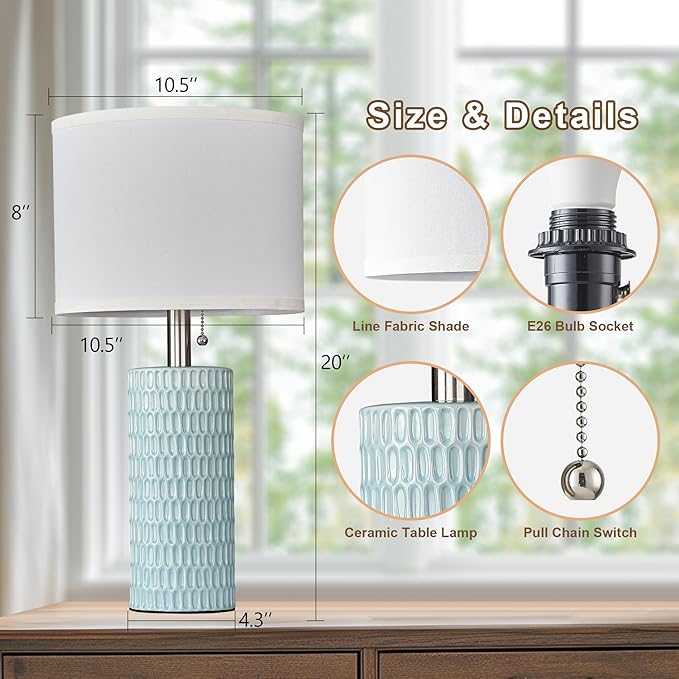 Reaketon Table Lamps for Living Room Set of 2, Ceramic Table Lamps for Bedroom, 20" Modern Lamps for Night Stands, Blue