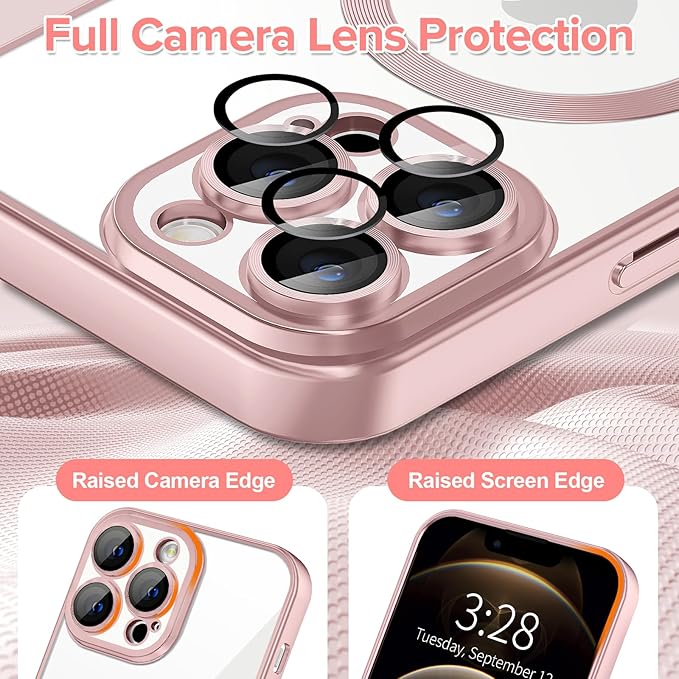 Hython Magnetic Clear for iPhone 12 Pro Case with Camera Lens Protector [Compatible with MagSafe] Luxury Plating Edge Slim Soft TPU Cover Protective Phone Case for iPhone 12 Pro 6.1", Matte Pink