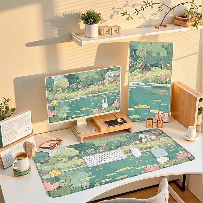 Cute Kawaii Bunny Anime Green Plant Desk Mat Large Mouse Pad Gaming Desk Pad Accessories for Women Office Decor Long Laptop Keyboard Mouse Mat