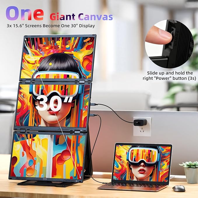 Quad Laptop Screen Extender, 15.6" FHD 1080P Quad Monitor, Combine into One 30" Screen (Landscape/Portrait), Just 1 Cable for 3 Screens, Driver Required, Compatible with Wins & Mac(M1/M2/ M3/M4/M5)