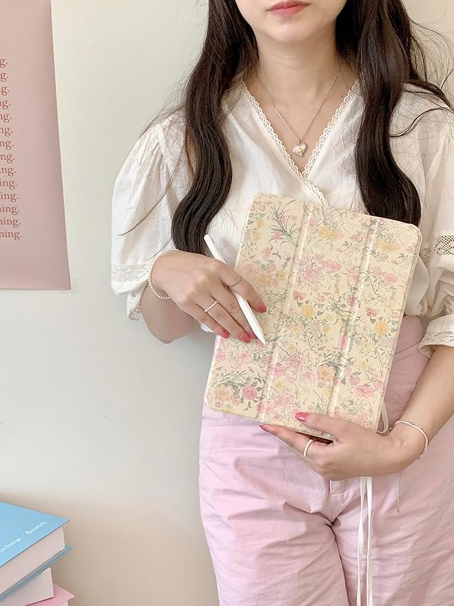 Adjustable Stand Hard PU Clear Back Folio Case for Apple iPad Pro 13-Inch 2024 M4 Model A2925 A2926 Flowers Floral Pattern Refreshing Classic Vintage Pretty Chic Cute Lovely Girls Women