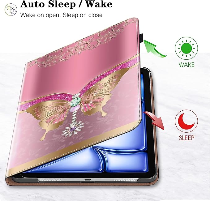 Case for iPad Air 13 inch M4 2026/M3 2025/M2 2024 with Pencil Holder & Card Slots & Auto Sleep, Embossed PU Leather Stand Magnetic Shockproof Cover Case for iPad Air 13 - Pink Butterfly
