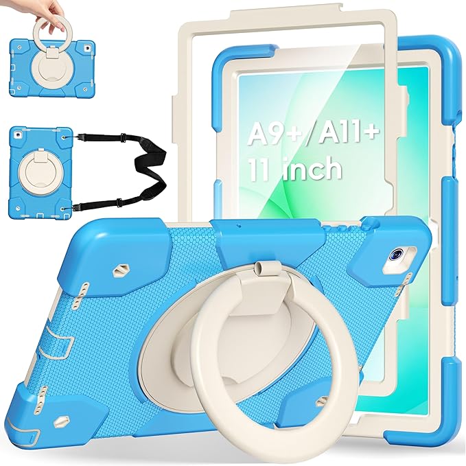 Andnary Case for Samsung Galaxy Tab A11+ Plus/A9+ 11 Inch 2025/2023, Tablet Case for Samsung Galaxy A9 Plus/A11+ with Screen Protector/360° Rotating Stand/Pen Holder/Shoulder Strap (Blue)