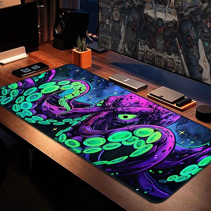 Simpkeely Blacklight Octopus Gaming Mouse Pad – UV Reactive Kraken Tentacles Desk Mat, Neon Glow in The Dark Waterproof Extended Mousepad with Non-Slip Rubber Base for Office & Home – 31.5" x 11.8"