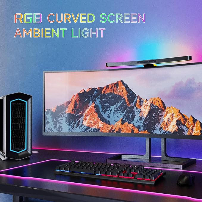 ONWAY Curved Monitor Light Bar with RGB Backlight, Wireless Remote Touch Control, No Glare Lamp with Camera Base for Gaming/Office Computer Setup
