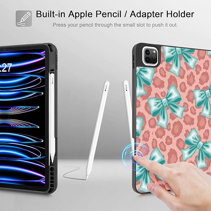 May Chen for iPad Pro M2 12.9 inch Case 6th/5th/4th/3rd Generation 2022 2021 2020 2018, Trifold Stand with Auto Wake/Sleep Soft TPU Protective Stand Back Cover, Mint Green Bow