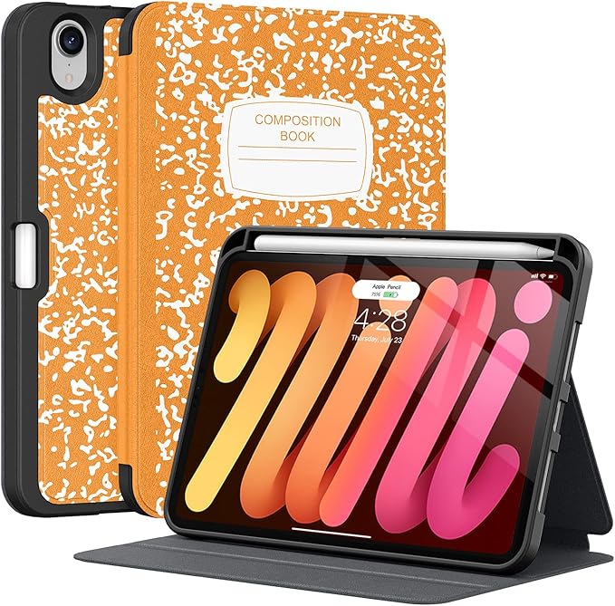 Supveco Case for iPad mini 7 (A17 Pro) 2024/iPad Mini 6 2021 8.3 Inch with Pencil Holder-[Auto Wake/Sleep],Slim Protective Case with Soft TPU Back Cover for iPad mini 7th/6th Generation(Citrus)