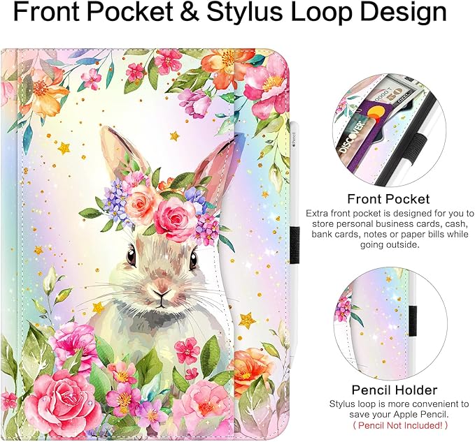 Lokigo for iPad Air 13 Inch Case M4/M3/M2 (2026/2025/2024), iPad Pro 12.9 Inch Case 6th/5th/4th/3rd Gen with Pencil Holder/Hand Strap/Pocket, Support Touch ID, Multi Angles View Stand, Rabbit Floral