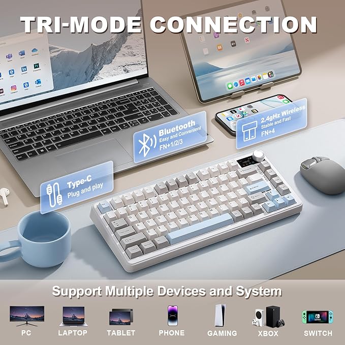 YUNZII B75 PRO MAX QMK/VIA Wireless Mechanical Keyboard,75% Layout with Screen and Knob,Custom Hot Swap Gasket,Creamy Pre-lubed Switches,Bluetooth/Type-C/2.4G for Win/Mac (Beige,Cocoa Cream V2 Switch)