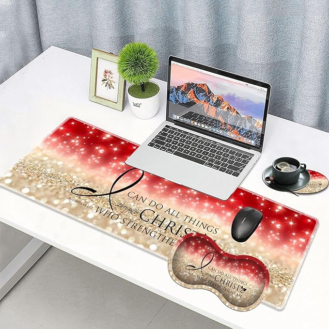 3 Piece Mouse Pad Set with Stitched Edge Large Anti-Slip Mouse Pad Desk Pad Keyboard Pad + Wrist Rest Pad + Coaster, Memory Foam Wrist Rest for Office/Home - Bible Verse Pink Philippians 4-13