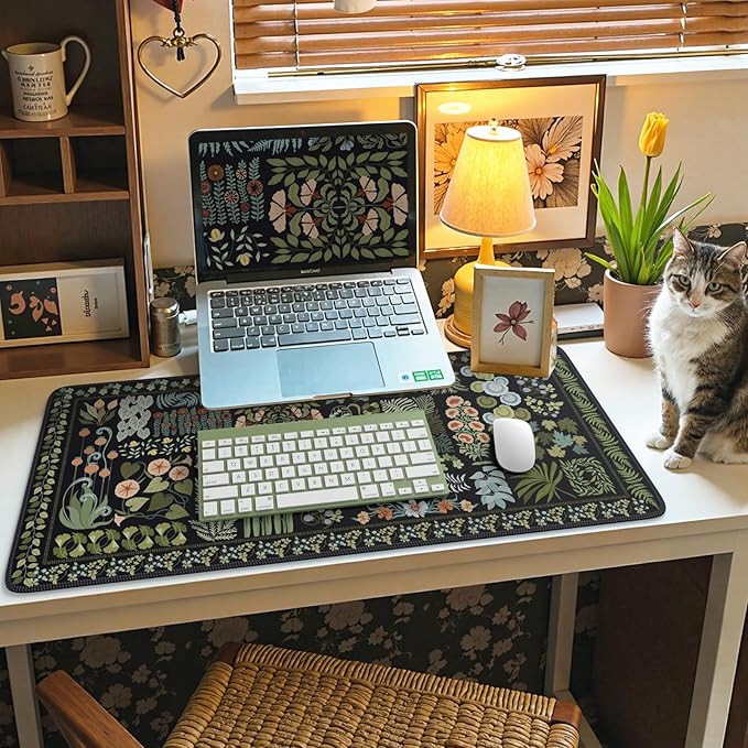 iCasso Floral Desk Pad Mat, Large Mouse Pad, Desk Matt for Desktop, Anti-Slip XXL Big Mousepad with Stitched Edges for Computer Keyboard (Black)