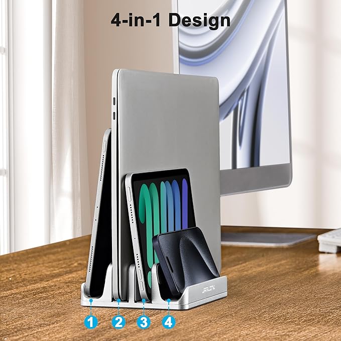JARLINK 4-in-1 Adjustable Vertical Laptop Stand Holder, Aluminum Dual Slots Laptop Rack for Desk, Space-Saving Organizer Compatible with All MacBook, Surface, Chromebook, and Gaming Laptops (Silver)