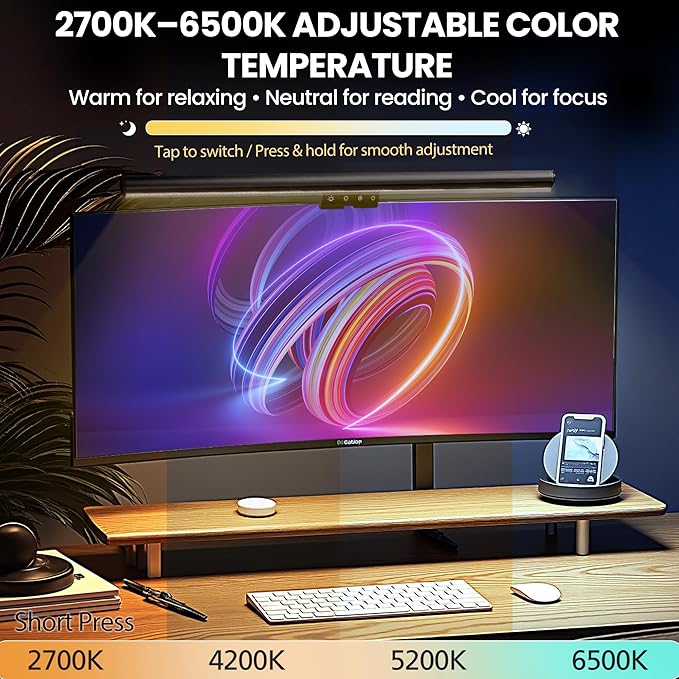 Monitor Light Bar 19.7", No-Glare Asymmetric Screen Lamp, Auto-Dimming, CRI Ra97, 2700K6500K & Stepless Dimming, Touch Control, Includes 5V/2A Adapter, Fits 0.21.1" Monitors (Not for Laptops)