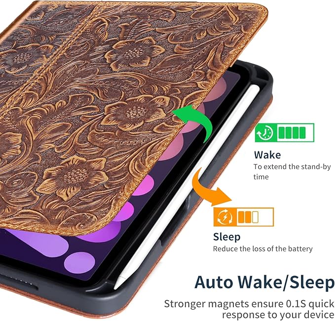 Gexmil Genuine Leather Case for iPad mini 7 (A17 Pro) 2024 / iPad mini 6 Generation 2021 8.3 Inch,Pencil Holder,Protctive Shockproof Cowhide Cover,Auto Sleep/Wake,Pencil 2 Wireless Charging, Brown