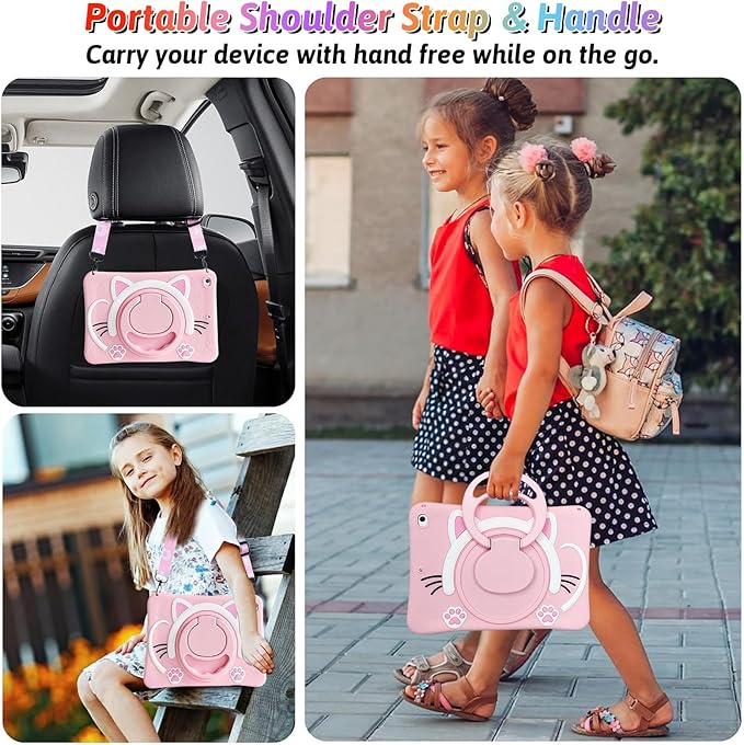 Dteck for iPad 10.9" 10th Generation Case Kids,Cute Cartoon 3D Unique Design Light Rotating Handle Stand Shoulder Strap Soft Silicone Funda Drop Rugged Shockproof Protective Kid-Proof Case,Cat