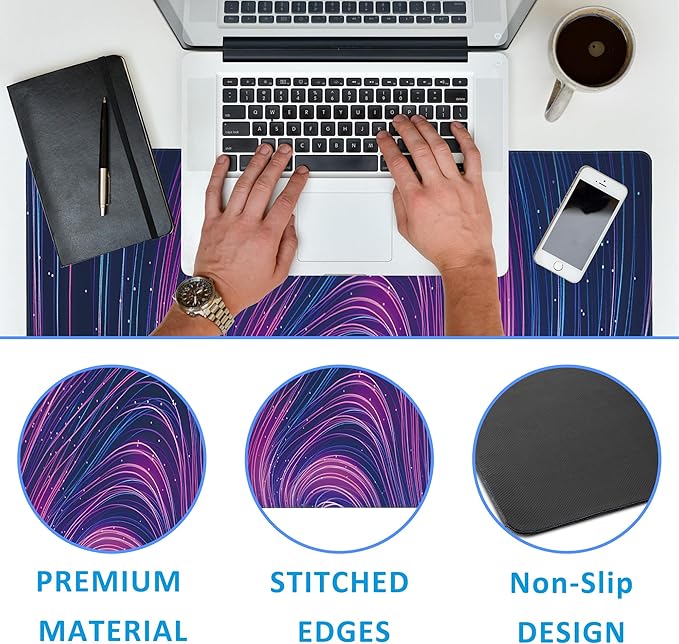 Futuristic Neon Swirl Lines Large Gaming Mouse Pad,Waterproof Desk Mat for Desktop,Non-Slip Rubber Base Mousepad with Stitched Edges for Laptop Office and Home 35.4X15.7 Inch