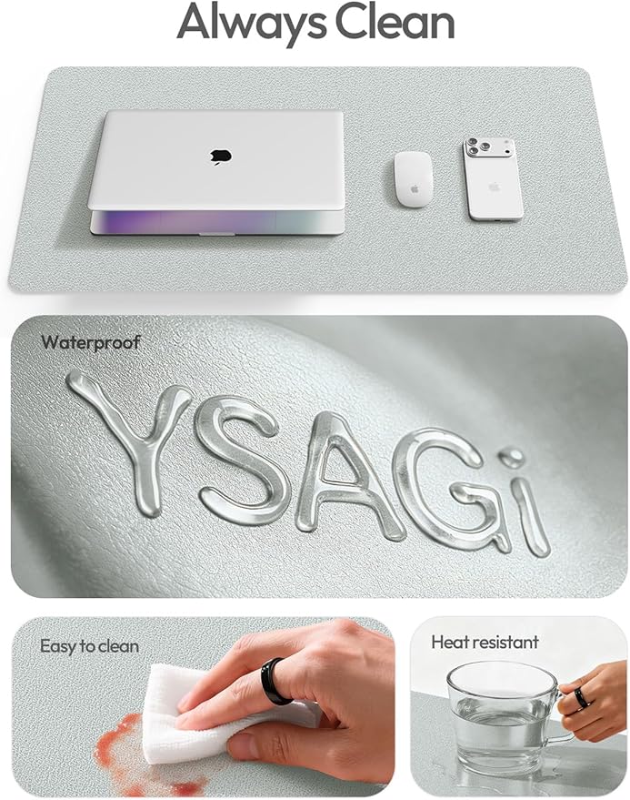 YSAGi Leather Desk Pad Protector, Office Desk Mat, Large Mouse Pad, Non-Slip PU Leather Desk Blotter, Laptop Desk Pad, Waterproof Desk Writing Pad for Office and Home (Silver, 31.5" x 15.8")