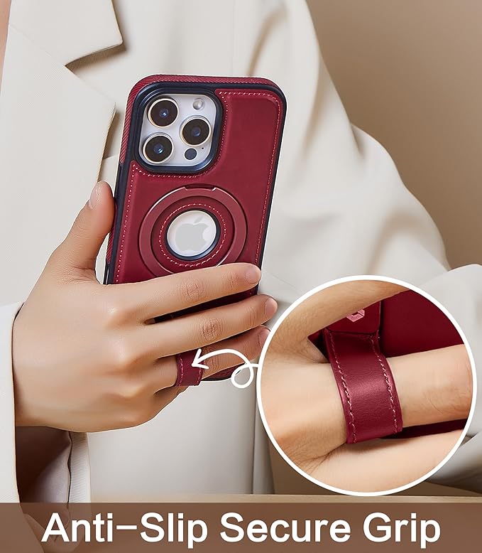 Butaiga for iPhone 12 / iPhone 12 Pro Leather Case with Stand, Anti-Slip Grip Ring, Fits for MagSafe (Burgundy, iPhone 12/12 Pro)