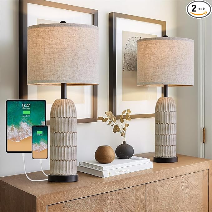 OYEARS 26.5" Bedside Table Lamps Set of 2, Farmhouse Table Lamp with USB A+C Charging Ports,Vintage Nightstand Lamp for Bedrooms and Living Rooms, Retro Resin End Table Lamp with Linen Shade,Black
