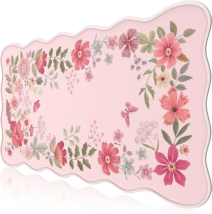 HAOCOO Desk Pad Mat, Pink Scalloped Desk Pad, Computer Desk Mat, Non-Slip Desk Pad for Keyboard and Mouse, Large Desk Mouse Pad with Egde Stitched, Waterproof Floral Keyboard Mat for Office (Hot Pink)