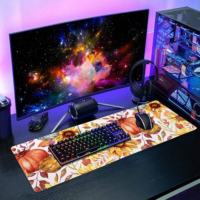 Fall Pumpkin Sunflowers Mouse Pad XL Watercolor Retro Autumn Leaves Floral Extended Desk Mat Non-Slip Rubber Base Stitched Edge Large XL Thanksgiving Mousepad for Desk Gaming Laptop,31.5×11.8 in