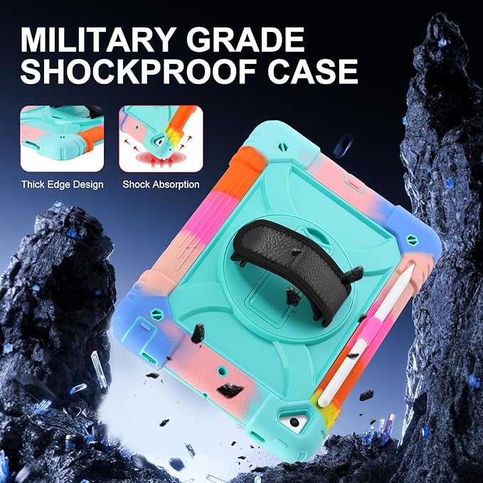 for iPad 6th Generation/iPad 5th Gen/iPad Air 2/iPad Pro 9.7" Case with Cute Key Chain, Rugged Protective Case with Rotating Stand & Shoulder Hand Strap for iPad 6th/5th/ Air 2 (Rainbow Aqua)