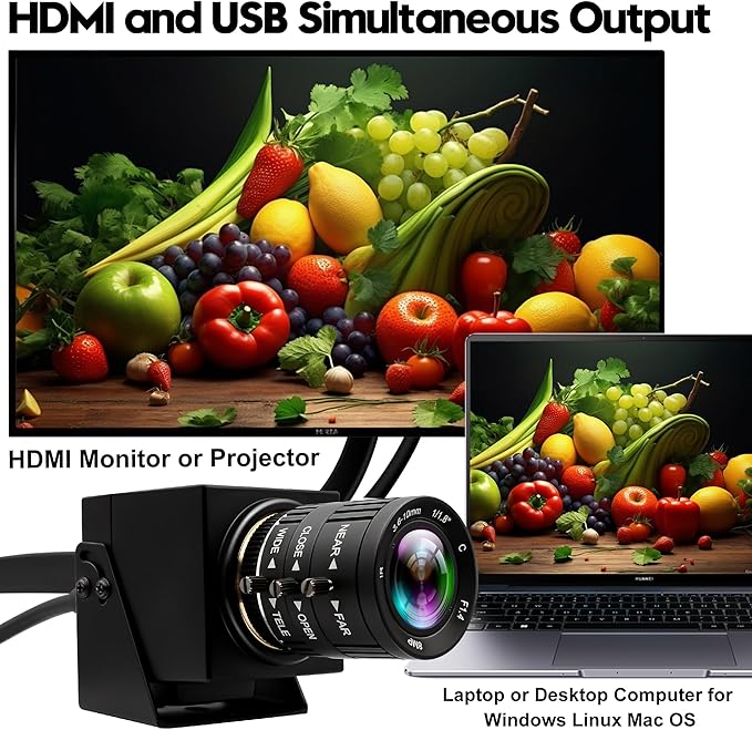 60fps HDMI USB Camera 4K High Speed USB3.0 HDMI Simultaneous Output PC Webcam 3.6-10mm 3X Manual Zoom Lens Close up Camera for Computer TV Projector Monitor Industrial Application