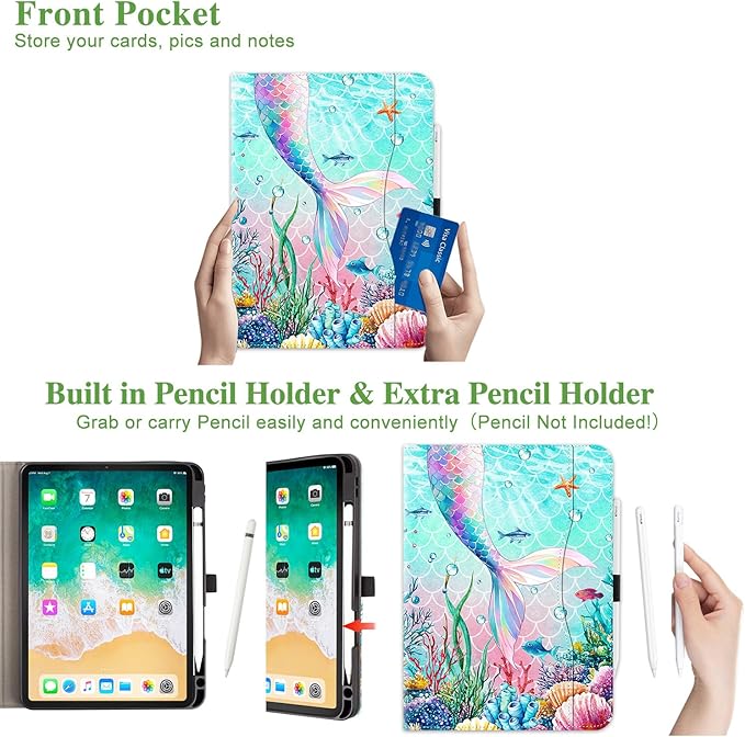 Vimorco for iPad Air 11 Inch Case M4/M3/M2 2026/2025/2024, for iPad Air 5th/4th Gen Cases 10.9-inch, for iPad Pro 11 Inch Case 4th/3rd/2nd/1st Generation Pencil Holder/Hand Strap/Pocket, Ocean Mermaid