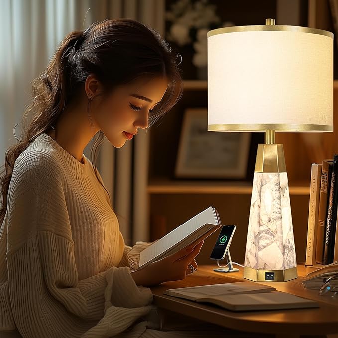 KIVDITZO 27" Alabaster Table Lamps Set of 2 - Lamps for Living Room with Night Light, Bedside Lamps with White Linen Shade, Nightstand Table Lamp with USB A+C Port for Bedroom Office (Bulb Included)