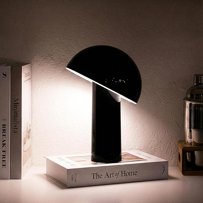 Brightech Celia Small Lamp – 10" Touch-Controlled Mushroom Table Lamp, Cordless & Dimmable LED, Portable Rechargeable Bedside Night Light, Sustainable Recycled Modern Patio Lamp for Home Décor – Black