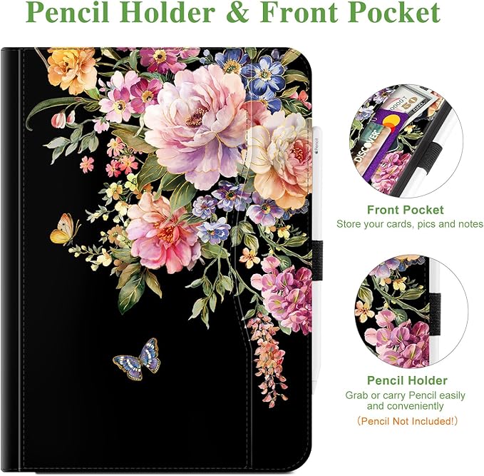 Vimorco for iPad Pro 11 Inch Case M5/M4 2025/2024, Pink Flower for iPad Pro Case 11 Inch M5/M4 for Girls & Women, Pencil Holder/Hand Strap/Pocket, Adjustable Angle, Auto Sleep/Wake, Floral Butterfly