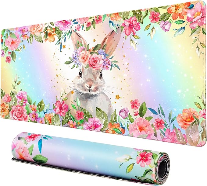 Lokigo Cute Rabbit Desk Pad, Gaming Mouse Pad 31.5"x15.7", Waterproof Big Mouse Pad for Desk Rubber Base Desk Matt with Stitched Edges Keyboard Mousepad for Laptop, Game, Work, Study, Bunny