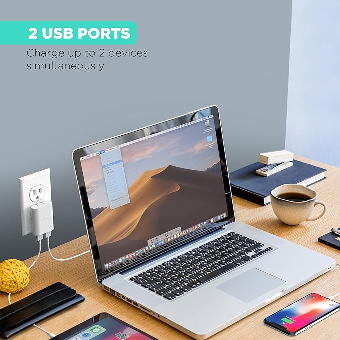 iHome 2-Port USB Wall Charger, AC Pro Multiport Plug Adapter, Phone Charging Block with Dual Ports, Flat Wall Adapter for Home & Travel