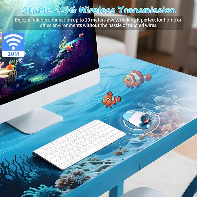 Wireless Mouse -Cute Clear Aqua Design, Water Mouse with Optical Precision, Silent Clicks, Lightweight & Floating Animal Transparent Retro Style for Home Office, Great for Kids & Adult(Fish-Blue)