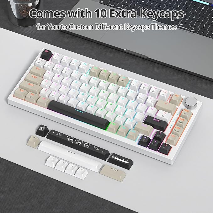 75% Mechanical Gaming Keyboard with Volumn Knob, Gasket Hot Swappable RGB, Wired, Red Switch, 82 Keys Compact Creamy (Black Grey)