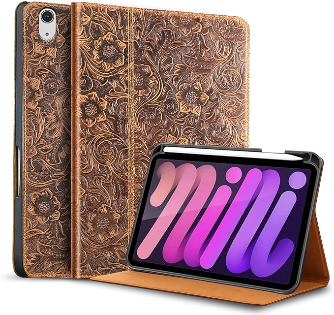 Gexmil Genuine Leather Case for iPad mini 7 (A17 Pro) 2024 / iPad mini 6 Generation 2021 8.3 Inch,Pencil Holder,Protctive Shockproof Cowhide Cover,Auto Sleep/Wake,Pencil 2 Wireless Charging, Brown
